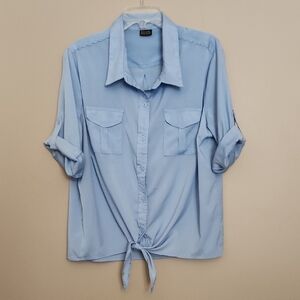 Salon Studio Womans Camp Blouse With Tie-Up Sleeves and Tie Front Waist. Blue XL